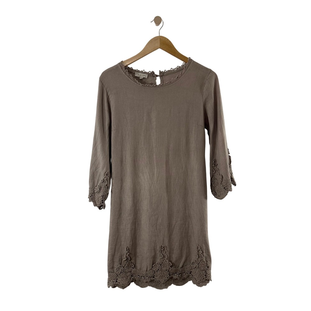 Bellambra Made in Italy Linen‎ Tunic Dress Taupe Crochet Lace Trim Boho Small
